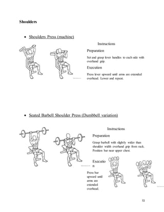 72
Shoulders
 Shoulders Press (machine)
Instructions
Preparation
Set and grasp lever handles to each side with
overhand grip.
Execution
Press lever upward until arms are extended
overhead. Lower and repeat.
 Seated Barbell Shoulder Press (Dumbbell variation)
Instructions
Preparation
Grasp barbell with slightly wider than
shoulder width overhand grip from rack.
Position bar near upper chest.
Executio
n
Press bar
upward until
arms are
extended
overhead.
 