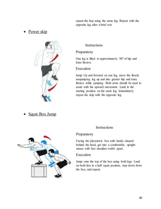 80
repeat the hop using the same leg. Repeat with the
opposite leg after a brief rest
 Power skip
Instructions
Preparatory
One leg is lifted to approximately 90º of hip and
knee flexion.
Execution
Jump Up and forward on one leg, move the flexed,
nonjumping leg up and into greater hip and knee
flexion while jumping. Both arms should be used to
assist with the upward movement. Land in the
starting position on the same leg. Immediately
repeat the skip with the opposite leg.
 Squat Box Jump
Instructions
Preparatory
Facing the plyometric box with hands clasped
behind the head, get into a comfortable, upright
stance with feet shoulder-width apart.
Execution
Jump onto the top of the box using both legs. Land
on both feet in a half squat position, step down from
the box, and repeat.
 
