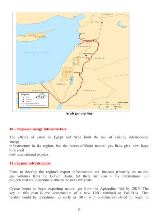 31
Arab gas pip line
10 - Proposed energy infrastructure
The effects of unrest in Egypt and Syria limit the use of existing international
energy
infrastructure in the region, but the recent offshore natural gas finds give new hope
to several
new international projects.
11 - Export infrastructure
Plans to develop the region's export infrastructure are focused primarily on natural
gas volumes from the Levant Basin, but there are also a few international oil
projects that could become viable in the next few years.
Cyprus hopes to begin exporting natural gas from the Aphrodite field by 2019. The
key to this plan is the construction of a new LNG terminal at Vasilikos. That
facility could be operational as early as 2019, with construction slated to begin in
 