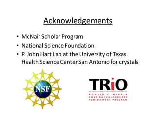 Acknowledgements
• McNair	Scholar	Program
• National	Science	Foundation
• P.	John	Hart	Lab	at	the	University	of	Texas	
Health	Science	Center	San	Antonio	for	crystals
 