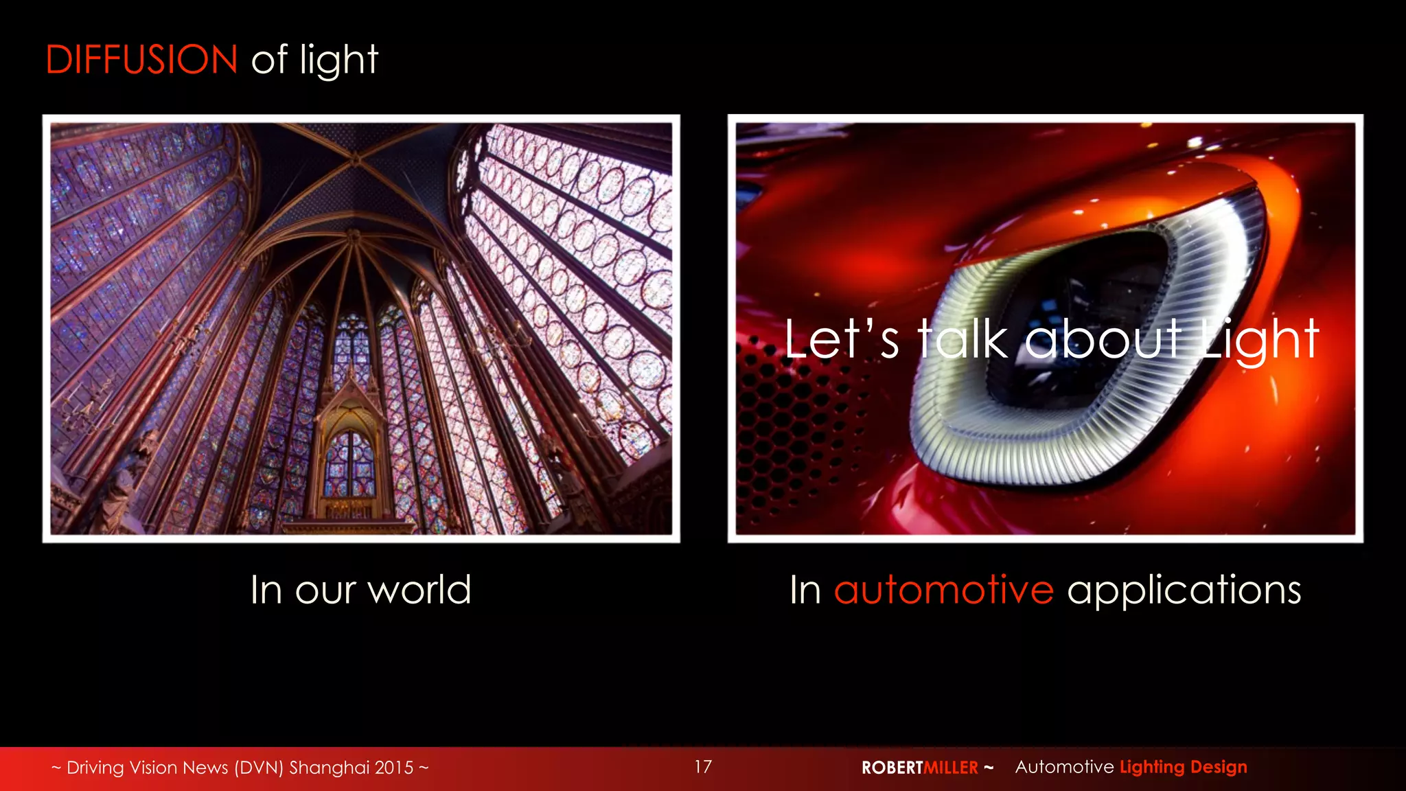 ~ Driving Vision News (DVN) Shanghai 2015 ~ ROBERTMILLER ~ Automotive Lighting Design17
DIFFUSION of light
In our world In automotive applications
Let’s talk about Light
 