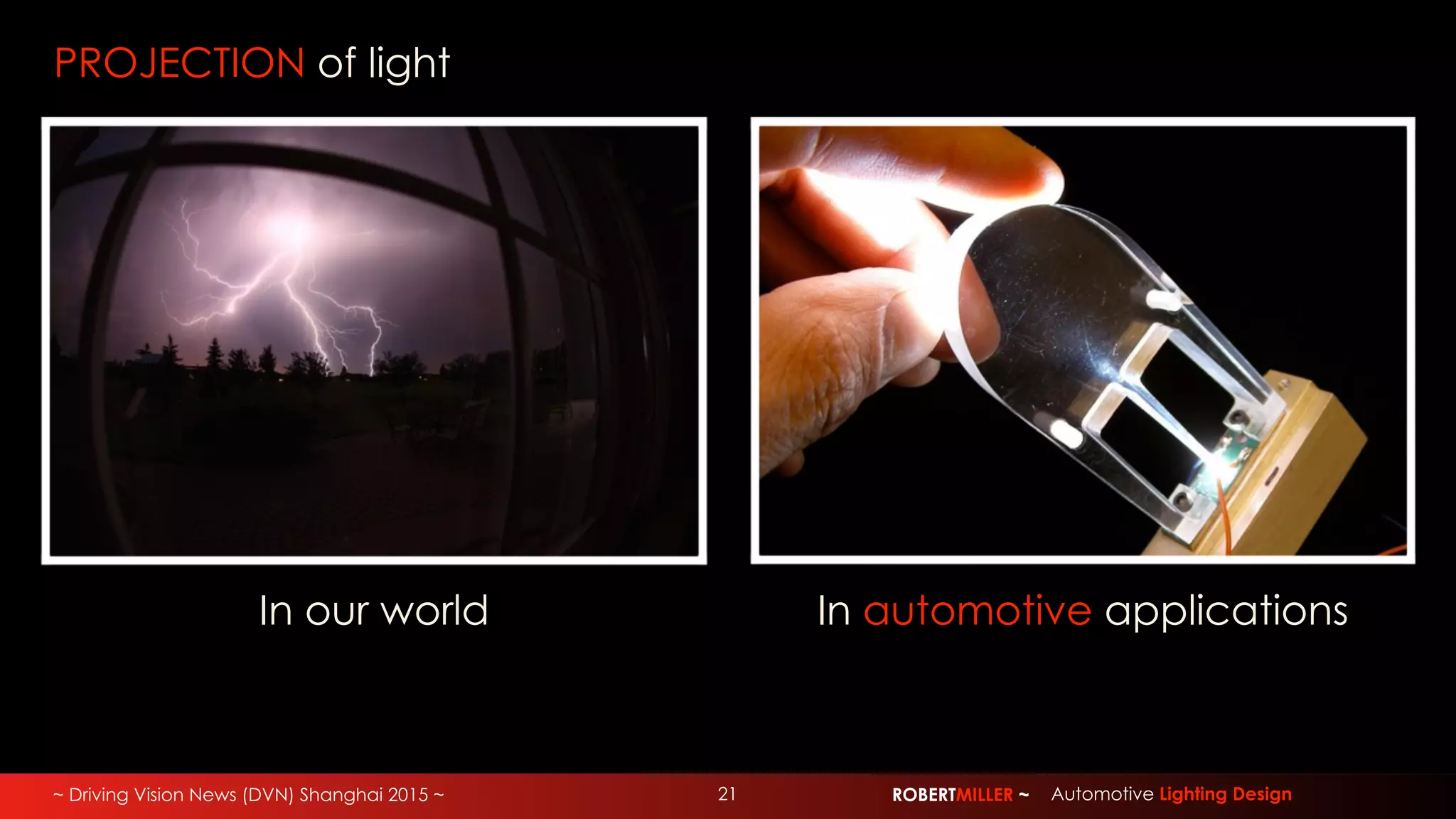 ~ Driving Vision News (DVN) Shanghai 2015 ~ ROBERTMILLER ~ Automotive Lighting Design21
PROJECTION of light
In our world In automotive applications
 