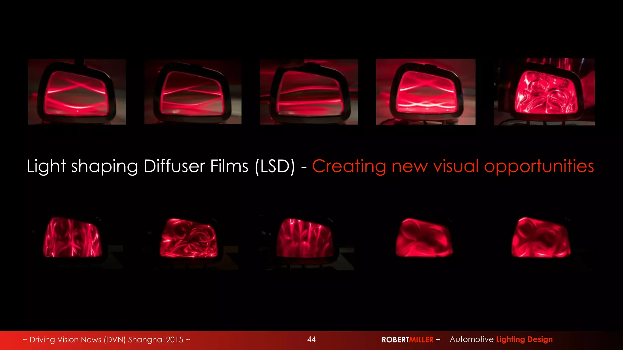 ~ Driving Vision News (DVN) Shanghai 2015 ~ ROBERTMILLER ~ Automotive Lighting Design
Light shaping Diffuser Films (LSD) - Creating new visual opportunities
44
 