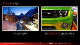 ~ Driving Vision News (DVN) Shanghai 2015 ~ ROBERTMILLER ~ Automotive Lighting Design18
COLOR of light
In our world In automotive applications
 