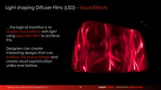 ~ Driving Vision News (DVN) Shanghai 2015 ~ ROBERTMILLER ~ Automotive Lighting Design
Light shaping Diffuser Films (LSD) - Visual Effects
…the logical transition is to
create visual effects with light
using speciality films to achieve
this.
Designers can create
interesting designs that can
enforce the brand image and
create visual sophistication
unlike ever before.
43
 