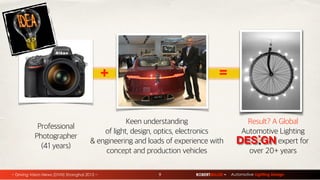 ROBERTMILLER ~ Automotive Lighting Design~ Driving Vision News (DVN) Shanghai 2015 ~ 9
!
+ =
Professional
Photographer
(41 years)
Keen understanding
of light, design, optics, electronics
& engineering and loads of experience with
concept and production vehicles
Result? A Global
Automotive Lighting
expert for
over 20+ years
DES GN
 