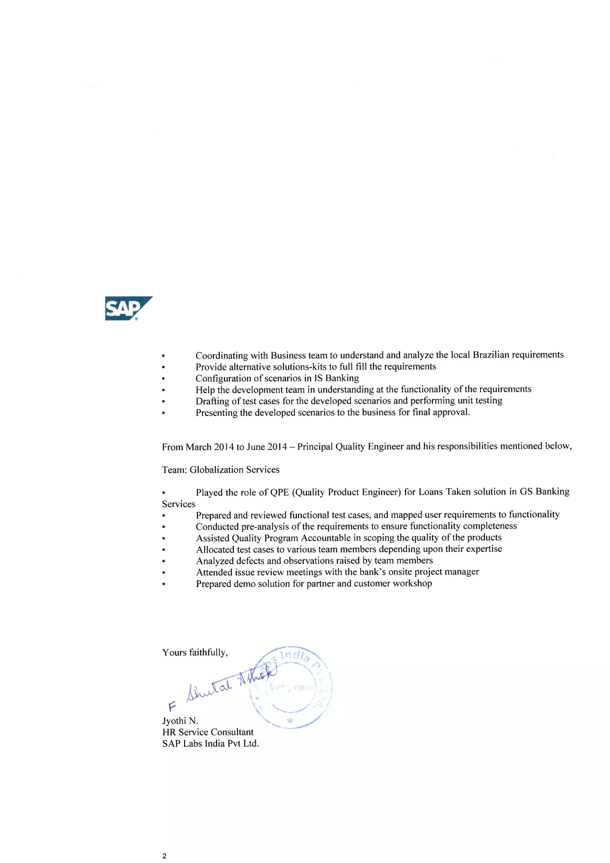Experience Declaration SAP Experience Declaration Letter | PDF