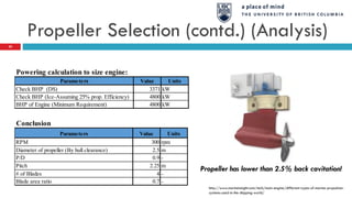 Propeller Selection (contd.) (Analysis)
Propeller has lower than 2.5% back cavitation!
http://www.marineinsight.com/tech/main-engine/different-types-of-marine-propulsion-
systems-used-in-the-shipping-world/
34
Powering calculation to size engine:
Parameters Value Units
Check BHP (DS) 3371 kW
Check BHP (Ice-Assuming 25% prop. Efficiency) 4800 kW
BHP of Engine (Minimum Requirement) 4800 kW
Conclusion
Parameters Value Units
RPM 300 rpm
Diameter of propeller (By hull clearance) 2.5 m
P/D 0.9 -
Pitch 2.25 m
# of Blades 4 -
Blade area ratio 0.7 -
 