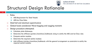 Structural Design Rationale
 Rules:
 ABS-Requirement for Steel Vessels
 ABS-Ice Class Rules
 Steel hull and aluminum superstructure
 Global loads considered: Wave hogging and sagging moments
 Design procedure attempted:
 Calculate plate thicknesses
 Determine the stiffeners/girders/stanchions/bulkheads sizing to satisfy the ABS and Ice Class rules
 Compute section modulus
 Determine the required section modulus
 Add stiffeners/girders/stanchions/bulkheads with the general arrangement as constraints to satisfy the
required section modulus
36
 