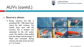 AUVs (contd.)
 Recovery phase:
 During recovery, the ship is
positioned 50 - 100 meters from
where the AUV surfaces. The
vehicle drop nose with the
recovery line is hooked and
connected to the L/R system
winch. The vehicle is then pulled
onto the stinger and the stinger is
lifted and retracted. During
recovery the ship moves forward
at 1 to 2 knots.
http://www.arkeotekno.com/
77
 