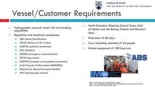 Vessel/Customer Requirements
 Hydrographic research vessel with ice-breaking
capabilities
 Regulation and standards compliance:
 ABS (Vessel Classification)
 SOLAS (Safety of Life at Sea)
 MARPOL (pollution prevention)
 IMO (Stability)
 GMDSS (emergency communications)
 STCW (operations)
 CASPPR (Canadian arctic pollution prevention)
 Arctic Canada Traffic System (NORDREG)
 Regional Ice Operations Superintendent
 IHO (Hydrographic mission)
 North Canadian Shipping Control Zones, Gulf
of Alaska and the Bering, Chukchi and Beaufort
Seas.
 Endurance of 60 days
 Crew (including scientists) of 44 people
 Mission equipment of 100 long tons
http://www.expressen.se/nyheter/nya-high-techjakten-ska-losa-gatan-mh370/
http://www.imo.org/Pages/home.aspx
http://ww2.eagle.org/content/eagle/en.html
8
 