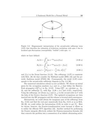 3 Anderson Model for a Normal Metal 16
U U
Gds
Gds
s
-s
-s
Figure 3.4: Diagrammatic interpretation of the second-order selfenergy term
(3.37) that describes the relaxation of d-electron excitations with spin σ due to
localized spin ﬂuctuations (susceptibility ”bubble”) with spin −σ.
where we have deﬁned:
Aσ(λ) =
∞
−∞
dω e−iλω
ρσ(ω)f(ω) (3.38 a)
Bσ(λ) =
∞
−∞
dω e−iλω
ρσ(ω) [1 − f(ω)] (3.38 b)
ρσ(ω) =
1
π
G
′′
dσ(ω) = −
1
π
dσ ; d†
σ
+′′
ω (3.38 c)
and f(ω) is the Fermi function (A.13). The selfenergy (3.37) is consistent
with Refs. [36,42] that consider the Hubbard model (HM) [42] and the pe-
riodic Anderson model (PAM) [36]. Consequently, the result (3.37) corre-
sponds to the second-order selfenergy diagram in Fig. 3.4 [36].
The numerical calculation scheme is now as follows. We choose an initial
guess for the occupation numbers nσ and n−σ that deﬁne the Hartree-
Fock propagator GHF
dσ (ω) in Eq. (3.12). Using GHF
dσ , we calculate ρσ, Aσ,
Bσ and the selfenergy Σσ with Eqs. (3.38 c a-c) and (3.37), respectively.
Using the selfenergy, we obtain nσ and n−σ to the second order in U with
the help of the Green’s function (3.27). The updated occupations are then
inserted into the HF propagator and the scheme is iterated until convergence.
Alternatively, we could obtain the imaginary part of the selfenergy from
Eq. (3.34) and ﬁnd the real part numerically from Eq. (A.8) or as in Refs.
[38, 39], we could utilize the factorization (3.35) in order to get Σ
′′
σ. Here
we choose, however, the Fourier-transformation route because it allows us
to utilize the eﬃcient FFT algorithm [43]. Another method for performing
the Fourier integrals eﬀectively utilizes the Poisson-summation formula [44]
that converts the problem into a summation of an inﬁnite alternating series.
 