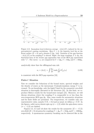 4 Anderson Model in a Superconductor 33
0 0.2 0.4 0.6 0.8 1
0
0.1
0.2
0.3
0.4
0.5
T/Tc
−<d+d−>
g=0.01
g=0.1
g=1
g=2
g=5
0 0.2 0.4 0.6 0.8 1
0
0.2
0.4
0.6
0.8
1
T/Tc
−<d+d−>
g=5
g=100
Figure 4.3: Anomalous local d-electron average − d↑d↓ (T), induced by the su-
perconductor’s pairing correlations. Here U = 0, the impurity level lies at the
Fermi surface (E = 0) and g denotes Γ/∆0. Left: Variation of the gap function
− d↑d↓ (T) as the coupling Γ is altered. Right: For large couplings, Γ ≫ ∆0, the
functional form of the d-state gap approaches that of the BCS gap represented
with ”+”. The curves −a↑ are computed for Γ = 5∆0, Γ = 10∆0 and Γ = 100∆0.
analytically show that the oﬀdiagonal sum rule
a↑ = d↑d↓ =
dω
2π
tanh
ω
2T
G
′′
12↑(ω) (4.39)
is consistent with the BCS gap equation [53].
Finite-U Situation
Now we consider the behaviour of the bound states, spectral weights and
the density of states as the interatomic Coulomb-repulsion energy U is in-
creased. To our knowledge, only the high-Γ limit for the symmetric zero-ﬁeld
situation is thoroughly discussed in the literature [21]. In this limit, we re-
produce Shiba’s results for the bound-state energies [21]. Moreover, we will
discuss situations where the coupling Γ is comparable to or less than the
zero-temperature BCS gap ∆0. Also, some results for asymmetric situations
and for ﬁnite ﬁelds are presented. For temperature, we consider only one
representative value, namely T/Tc = 0.2 and as usual, we deﬁne y = U/Γ. In
the ﬁgures, solid curves denote spin up (σ = 1/2) while the spin-down curves
(σ = −1/2) are dashed.
Figures 4.4, 4.5 and 4.6 show the results for the symmetric (E = −U/2)
zero-ﬁeld (B = 0) situation for couplings Γ = ∆0, Γ = 10∆0 and Γ = 1000∆0,
respectively. A spontaneous symmetry breaking can be observed like in the
 