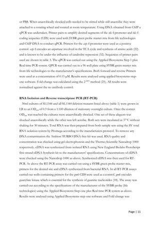 Page | 11
or PBS. When anaerobically shocked cells needed to be stirred while still anaerobic they were
attached to a rotating wheel and rotated at room temperature. Using DNA obtained from ChIP a
qPCR was undertaken. Primer pairs to amplify desired segments of the tdcA promoter and tdcA
coding sequence (CDS) were used with SYBR green probe master mix from life technologies
and ChIP DNA to conduct qPCR. Primers for the aspA promoter were used as a positive
control. aspA encodes an aspartase involved in the TCA cycle and synthesis of amino acids (22)
and is known to be under the influence of catabolite repression (32). Sequences of primer pairs
used are shown in table 3. The qPCR was carried out using the Applied Biosystems Step 1 plus
Real time PCR system. QPCR was carried out in a 96 well plate using SYBR green master mix
from life technologies to the manufacturer’s specifications. Both forward and reverse Primers
were used at a concentration of 0.15 µM. Results were analysed using applied biosystems step-
one software. Fold change was calculated using the 2-∆∆Ct
method (25). All results were
normalised against the no antibody control.
RNA Isolation and Reverse transcriptase PCR (RT-PCR)
30ml cultures of SL1344 and all SL1344 deletion mutants listed above (table 1) were grown in
LB to an OD600 of 0.3 from a 1:100 dilution of stationary overnight culture. Once the correct
OD600 was reached the cultures were anaerobically shocked. One set of these aliquots was
shocked anaerobically while the other was left aerobic. Both sets were incubated at 37o
C without
shaking for 30 minutes. Total RNA was then prepared from both sample sets using the SV total
RNA isolation system by Promega according to the manufacturers protocol. To remove any
DNA contamination the Ambion TURBO DNA-free kit was used. RNA quality and
concentration was checked using gel electrophoresis and the Thermo Scientific Nanodrop 1000
respectively. cDNA was synthesized from isolated RNA using New England Biolabs ProtoScript
first strand cDNA Synthesis kit to the manufacturers’ specifications. Concentrations of cDNA
were checked using the Nanodrop 1000 as above. Synthesized cDNA was then used for RT-
PCR. As above the RT-PCR assay was carried out using a SYBR green probe master mix,
primers for the desired site and cDNA synthesized from bacterial RNA. In all RT-PCR assays
carried out wells containing primers for the gmk CDS were used as a control. gmk encodes
guanylate kinase which is essential for the synthesis of guanine nucleotides (18). The assay was
carried out according to the specifications of the manufacturer of the SYBR probe (life
technologies) using the Applied Biosystems Step-one plus Real time PCR system as above.
Results were analysed using Applied Biosystems step-one software and Fold change was
 