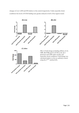 Page | 16
changes of over 1,000 and 850 relative to the control respectively. Under anaerobic shock
conditions the levels of H-NS binding were greatly reduced at both of the regions tested.
(A) crp
tdcA
Prom
oterA
erobic
tdcA
Prom
oterA
naerobic
tdcA
C
D
S
A
erobic
tdcA
C
D
S
A
naerobic
-2
0
2
4
6
FoldChange
(B) fnr
tdcA
Prom
oterA
erobic
tdcA
Prom
oterA
naerobic
tdcA
C
D
S
A
erobic
tdcA
C
D
S
A
naerobic
-2
0
2
4
6
FIG. 8. Fold change in binding affinity of (A)
CRP, (B) FNR and (C) H-NS to the tdcA
promoter and CDS under aerobic and
anaerobic shock conditions. Fold change was
calculated relative to the no antibody control
using the 2-∆∆Ct
method (25).
 