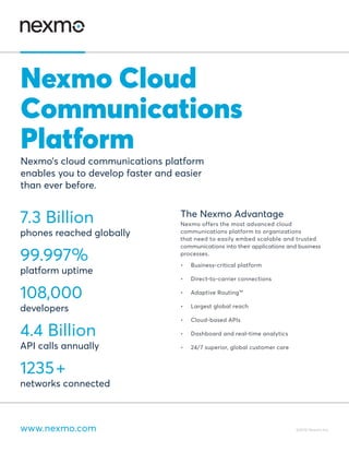 www.nexmo.com ©2016 Nexmo Inc.
7.3 Billion
phones reached globally
99.997%
platform uptime
108,000
developers
4.4 Billion
API calls annually
1235+
networks connected
The Nexmo Advantage
Nexmo offers the most advanced cloud
communications platform to organizations
that need to easily embed scalable and trusted
communications into their applications and business
processes.
•	 Business-critical platform
•	 Direct-to-carrier connections
•	 Adaptive Routing™
•	 Largest global reach
•	 Cloud-based APIs
•	 Dashboard and real-time analytics
•	 24/7 superior, global customer care
Nexmo Cloud
Communications
Platform
Nexmo’s cloud communications platform
enables you to develop faster and easier
than ever before.
 
