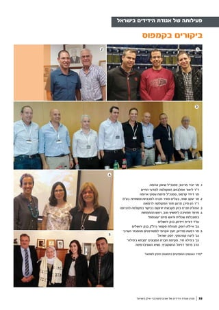 1
‫ארומה‬ ‫שיווק‬ ‫סמנכ"ל‬ ,‫מרינוב‬ ‫יאיר‬ ‫מר‬ .1
 ‫החיים‬ ‫למדעי‬ ‫הפקולטה‬ ,‫אפלבוים‬ ‫ליאור‬ ‫ד"ר‬
‫ארומה‬ ‫עסקי‬ ‫פיתוח‬ ‫סמנכ"ל‬ ,‫קרסוני‬ ‫דיויד‬ ‫מר‬
‫בע"מ‬ ‫ומשאיות‬ ‫למכוניות‬ ‫חברה‬ ‫מאיר‬ ‫בעלים‬ ,‫שחר‬ ‫יעקב‬ ‫מר‬ .2
‫לרפואה‬ ‫הפקולטה‬ ‫חוזר‬ ‫מדען‬ ,‫פירן‬ ‫רון‬ ‫ד"ר‬
‫להנדסה‬ ‫בפקולטה‬ ‫בביקור‬ ‫יורוקום‬ ‫מקבוצת‬ ‫בזק‬ ‫חברת‬ ‫הנהלת‬ .3
‫ההתמחות‬ ‫ראש‬ ,‫ליפשיץ-והב‬ ‫חפציבה‬ '‫פרופ‬ .4
"‫"עוצמות‬ ‫מיזם‬ ‫וראש‬ ‫שכלית‬ ‫במוגבלות‬
‫ירושלים‬ ‫בנק‬ ,‫זיידמן‬ ‫דורית‬ ‫עו"ד‬
‫ירושלים‬ ‫בנק‬ ,‫נדל"ן‬ ‫סקטור‬ ‫מנהלת‬ ,‫רוסק‬ ‫איילת‬ '‫גב‬
‫הערבי‬ ‫מהמגזר‬ ‫לסטודנטים‬ ‫אקדמי‬ ‫יועץ‬ ,‫סוידאן‬ ‫רפעת‬ ‫מר‬ .5
‫ישראל‬ ‫דסק‬ ,‫קמינסקי‬ ‫ליבת‬ '‫גב‬
"‫ג'מילה‬ ‫"סבתא‬ ‫הסבונים‬ ‫חברת‬ ‫מקימת‬ ,‫חיר‬ ‫ג'מילה‬ '‫גב‬
‫האוניברסיטה‬ ‫נשיא‬ ,‫הרשקוביץ‬ ‫דניאל‬ '‫פרופ‬ ‫הרב‬
‫לשמאל‬ ‫מימין‬ ‫בתמונות‬ ‫המופיעים‬ ‫האנשים‬ ‫*סדר‬
32
‫בישראל‬ ‫הידידים‬ ‫אגודת‬ ‫של‬ ‫פעילותה‬
‫בישראל‬ ‫בר-אילן‬ ‫אוניברסיטת‬ ‫של‬ ‫הידידים‬ ‫אגודת‬ ‫מגזין‬
‫בקמפוס‬ ‫ביקורים‬
5
4
3
2
 