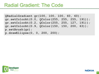 Radial Gradient: The Code

QRadialGradient gr(100, 100, 100, 60, 60);
gr.setColorAt(0.0, QColor(255, 255, 255, 191));
gr.setColorAt(0.2, QColor(255, 255, 127, 191));
gr.setColorAt(0.9, QColor(150, 150, 200, 63));
p.setBrush(gr);
p.drawEllipse(0, 0, 200, 200);




                                                  13
 