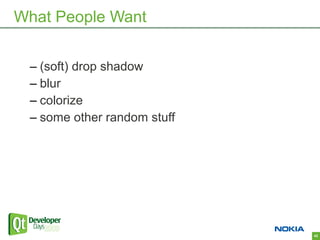 What People Want


 – (soft) drop shadow
 – blur
 – colorize
 – some other random stuff




                             42
 