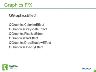 Graphics F/X

  QGraphicsEffect

  QGraphicsColorizeEffect
  QGraphicsGrayscaleEffect
  QGraphicsPixelizeEffect
  QGraphicsBlurEffect
  QGraphicsDropShadowEffect
  QGraphicsOpacityEffect




                              43
 