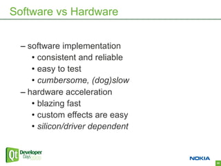 Software vs Hardware


  – software implementation
     • consistent and reliable
     • easy to test
     • cumbersome, (dog)slow
  – hardware acceleration
     • blazing fast
     • custom effects are easy
     • silicon/driver dependent



                                  45
 