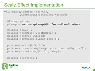 Scale Effect Implementation
void draw(QPainter *painter,
          QGraphicsEffectSource *source) {

    QPixmap pixmap;
    pixmap = source->pixmap(Qt::DeviceCoordinates);

    painter->save();
    painter->setBrush(Qt::NoBrush);
    painter->setPen(Qt::red);
    painter->drawRect(pixmap.rect());

    painter->scale(0.5, 0.5);
    painter->translate(pixmap.rect().bottomRight()/2);
    painter->drawPixmap(0, 0, pixmap);

    painter->restore();
}


                                                         60
 