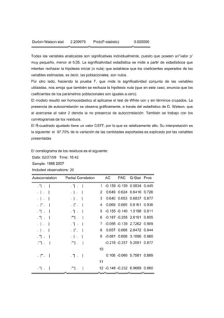 Durbin-Watson stat      2.209979       Prob(F-statistic)         0.000000


Todas las variables analizadas son significativas individualmente, puesto que poseen un”valor p”
muy pequeño, menor al 0,05. La significatividad estadística se mide a partir de estadísticos que
intentan rechazar la hipótesis inicial (o nula) que establece que los coeficientes esperados de las
variables estimadas, es decir, las poblacionales, son nulos.
Por otro lado, haciendo la prueba F, que mide la significatividad conjunta de las variables
utilizadas, nos arroja que también se rechaza la hipótesis nula (que en este caso, enuncia que los
coeficientes de los parámetros poblacionales son iguales a cero).
El modelo resultó ser homocedastico al aplicarse el test de White con y sin términos cruzados. La
presencia de autocorrelación se observa gráficamente, a través del estadístico de D. Watson, que
al acercarse aI valor 2 denota la no presencia de autocorrelación. También se trabajo con los
correlogramas de los residuos.
El R-cuadrado ajustado tiene un valor 0,977, por lo que es relativamente alto. Su interpretación es
la siguiente: el 97,70% de la variación de las cantidades exportadas es explicada por las variables
presentadas


El correlograma de los residuos es el siguiente:
Date: 02/27/09 Time: 16:42
Sample: 1988 2007
Included observations: 20

Autocorrelation      Partial Correlation        AC     PAC     Q-Stat Prob

   . *| .   |           . *| .   |         1 -0.159 -0.159 0.5834 0.445
   . | .    |           . | .    |         2    0.049 0.024 0.6416 0.726
   . | .    |           . | .    |         3    0.040 0.053 0.6837 0.877
   . |* .   |           . |* .   |         4    0.069 0.085 0.8161 0.936
   . *| .   |           . *| .   |         5 -0.155 -0.140 1.5198 0.911
   . *| .   |           .**| .   |         6 -0.187 -0.255 2.6191 0.855
   . | .    |           . *| .   |         7 -0.056 -0.139 2.7262 0.909
   . | .    |           . |* .   |         8    0.057 0.068 2.8472 0.944
   . *| .   |           . | .    |         9 -0.081 0.008 3.1096 0.960
   .**| .   |           .**| .   |              -0.218 -0.257 5.2091 0.877
                                           10
   . |* .   |           . *| .   |              0.106 -0.069 5.7581 0.889
                                           11
   . *| .   |           .**| .   |         12 -0.148 -0.232 6.9689 0.860
 