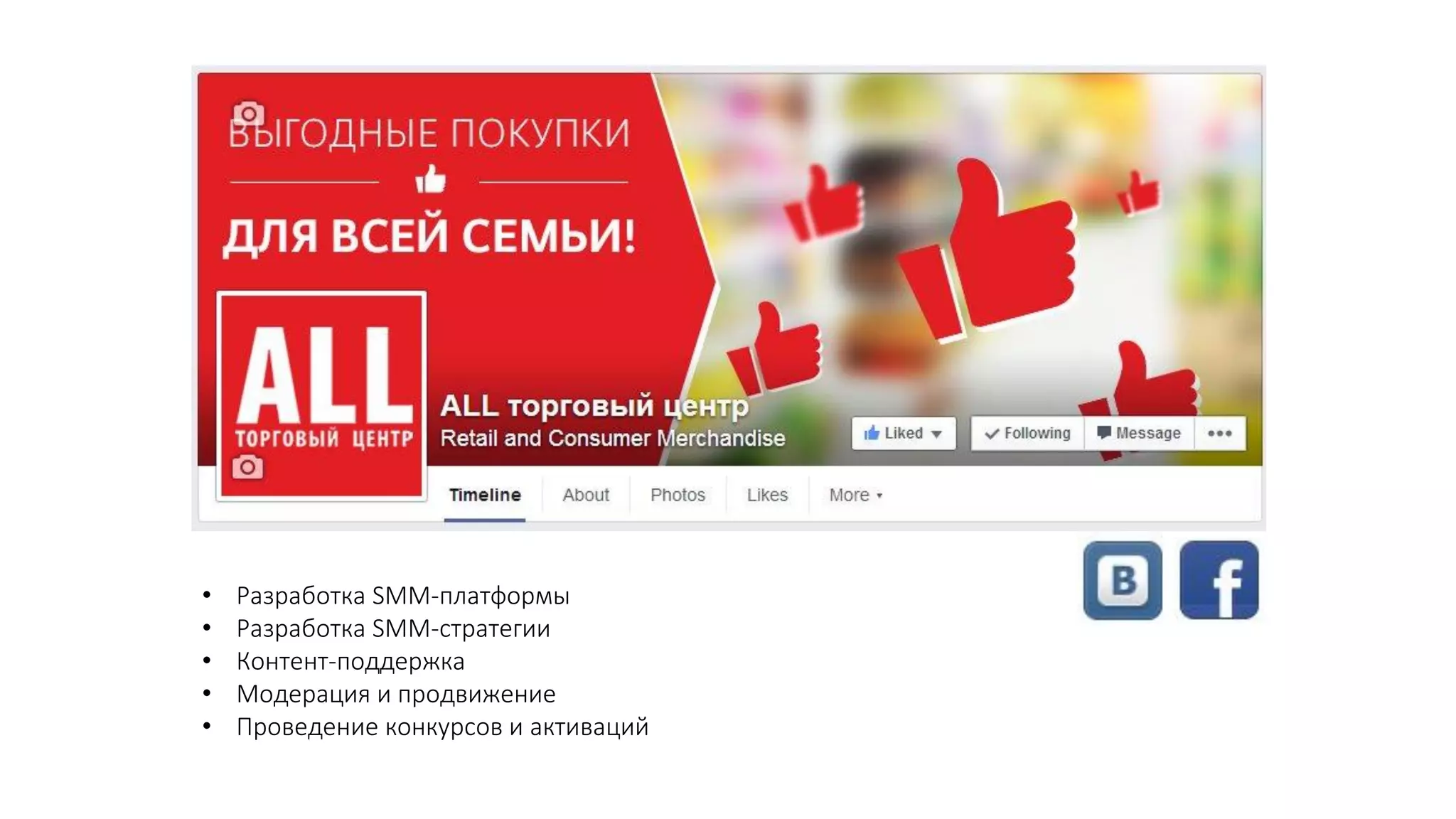 • Разработка SMM-платформы
• Разработка SMM-стратегии
• Контент-поддержка
• Модерация и продвижение
• Проведение конкурсов и активаций
 