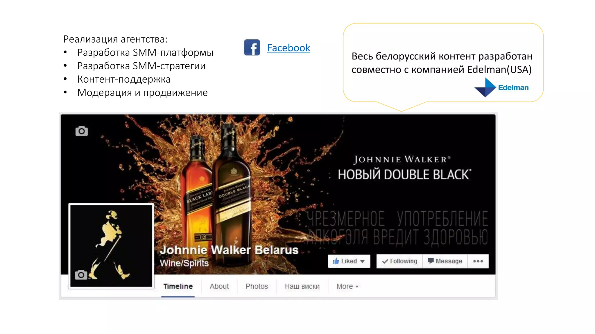 Реализация агентства:
• Разработка SMM-платформы
• Разработка SMM-стратегии
• Контент-поддержка
• Модерация и продвижение
Весь белорусский контент разработан
совместно с компанией Edelman(USA)
Facebook
 