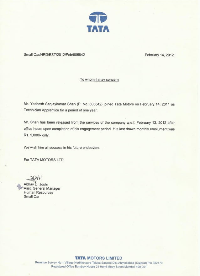 TATA Motors 1st year Experiance Certificate PDF