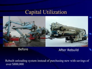 Capital Utilization
Before After Rebuild
Rebuilt unloading system instead of purchasing new with savings of
over $800,000
 