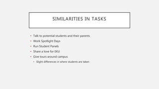 SIMILARITIES IN TASKS
• Talk to potential students and their parents
• Work Spotlight Days
• Run Student Panels
• Share a love for EKU
• Give tours around campus
• Slight differences in where students are taken
 