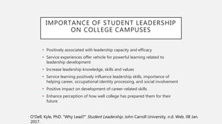 IMPORTANCE OF STUDENT LEADERSHIP
ON COLLEGE CAMPUSES
• Positively associated with leadership capacity and efficacy
• Service experiences offer vehicle for powerful learning related to
leadership development
• Increase leadership knowledge, skills and values
• Service learning positively influence leadership skills, importance of
helping career, occupational identity processing, and social involvement
• Positive impact on development of career-related skills
• Enhance perception of how well college has prepared them for their
future
O'Dell, Kyle, PhD. "Why Lead?" Student Leadership. John Carroll University, n.d. Web. 08 Jan.
2017.
 