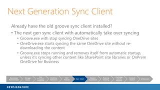Next Generation Sync Client
• System Center Configuration
Manager (SCCM) or Group Policy
can be used to deploy the sync
cl...