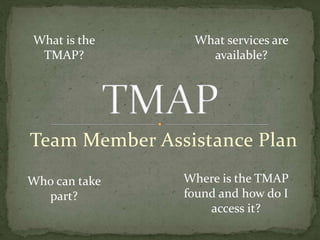 Team Member Assistance Plan
What is the
TMAP?
What services are
available?
Who can take
part?
Where is the TMAP
found and how do I
access it?
 