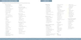 PRODUCTION & MANUFACTURING                                                                                                        CLIENT LIST

 Our 42,000-square-foot production facility includes state-of-the-art CNC equipment & an OSHA approved finishing lab and booth.

             Production & Fabrication:                                       Etched Glass                                             Exhibits & Events                            Kleber and Associates             Mighty Auto Parts
                Architectural Millwork                                       Sandblasting                                                 KWC / Hansa                              Cobb EMC                          The Detroit Fillmore Theater
                Hardwood & Veneer Millwork                                                                                                Hansgrohe                                Emory University                  The Fillmore East -
                Custom Cabinetry                                          Custom Finishes & Coatings:                                     Rinnai America                           Mighty Auto Parts                 Philadelphia, PA
                Laminate Casework                                            Stains & Fine Finishing Techniques                           DiversiTech                              Turnils                           Absolut Vodka
                Standard & Exotic Veneer Panels                              Polyesters & Glazes                                          Sherwood Scuba                           Guinness                          Taco Mac
                Embossed Veneer Panels                                       Color Matching                                               Absolut Vodka                            Atlanta Braves                    Kroger
                Modular Wall Systems                                         Faux Finishes                                                Real Estate Book                         (Turner Field redevelopment)      Networks Gaming
                Knock Down Displays                                          Epoxy Coatings                                               MTI Whirlpools                           (42 themed concession             Hardwoods, Inc.
                Permanent Displays                                           Lacquers & Polyurethanes                                     Advanced Armament Corp.                  stands & 3 restaurants)           Epps Aviation
                Interactive Displays                                                                                                      Akona                                    Philips Arena                     Sunglass Warehouse
                Kiosks                                                    Graphic Production:                                             Monessen Hearth                          Bacardi International, Inc.       PNC Pavilion - NJ
                V-groove Fabrication                                        Vinyl Lettering & Graphics                                    Integrated Medical Systems               Absolut Vodka                     Atlanta Apparel Mart
                Custom Slatwall & Pegboard                                   Silk Screening                                                                                        Verve Lounge                      Witness Systems
                                                                             Large Format Digital Printing                            Retail Environments:                         San Antonio Spurs                 Lenny Mac’s BBQ
                Specialty Material Fabrication
                                                                             Cloth Printing                                               Niketown - Denver, CO                    Level Vodka                       The Tabernacle
                Solid Surface
                                                                             Standees                                                     Niketown - Miami, FL                     Lenny Mac’s BBQ
                Quartz
                                                                             Dimensional Signage                                          Philips Arena                            Jack Daniel’s                  Corporate Identity & Marketing:
                Granite
                                                                            Vehicle Wraps                                                 Sunglass Warehouse                       Ellis Island - New York, NY       AT&T Center Club Bars
                Cast Cement
                                                                            Trade Show Graphics                                           Hardwoods, Inc.                          Aramark                           Lenny Mac’s BBQ
                Prototyping                                                                                                               Wireless Dimensions                                                        Sunglass Warehouse
                CNC Machined Parts                                        Electrical & Specialty Production:                              Northside Hospital                    Point of Purchase:                   Hardwoods, Inc.
                Acrylic Castings                                             LED Lighting                                                 DiversiTech                               Hansgrohe                        echambre
                Polyacrylic                                                  Low Voltage Lighting                                                                                   Cifial                           Apex I & R
                Expanded PVC                                                 Lightboxes                                               Corporate / Specialty Interiors &             Sunglass Warehouse               KWC / Hansa
                Polystyrene                                                  Display Lighting                                         Marketing Centers                             DiversiTech                      GrillGrate
                Polycarbonate                                                Waterfalls & Waterwall Systems                              Tyler Perry Studios                        Akona                            Ceramica
                Precision Foams                                              Live Water Displays                                         Cisco Systems, Inc.                        Jaclo                            Networks Gaming
                Urethanes & Castings                                                                                                     GE Energy                                  Kenroy Lighting                  The Poblano Cantina
                EPS Foams                                                 Themed Environments:                                           Cox Heritage Museum                        Mighty Auto Parts                The U.S. Army
                Fiberglass & Gel Coats                                       Faux Surfaces                                               Cox Cable Corporate Lobby                  Hunter Lighting
                Metal Working                                                Hard Coatings                                               Cox Communications                         Rinnai Heaters
                MIG Welding                                                  Foam Carving / Sculpturing                                  Hardwoods, Inc                             Amoena
                TIG Welding                                                  Tension Fabric Structures                                   Network Gaming                             Plycem
                Aluminum Fabrication                                         Upholstery                                                  Coca-Cola
                Steel Fabrication                                            Custom Murals & Decor                                       Hartsfield-Jackson Airport Art Prog.   Signage:
                Stainless Steel & Specialty Metals                                                                                       Mississippi Sports Hall of Fame            Philips Arena
                Specialty Hardware                                                                                                       Epps Aviation                              Turner Field
 