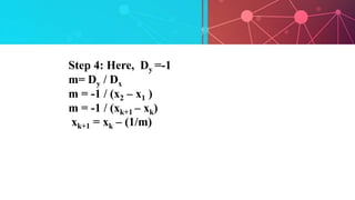 Step 4: Here, Dy =-1
m= Dy / Dx
m = -1 / (x2 – x1 )
m = -1 / (xk+1 – xk)
xk+1 = xk – (1/m)
 