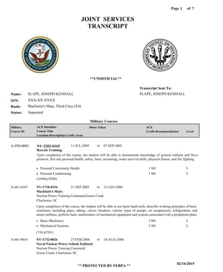 Page of1
02/16/2015
** PROTECTED BY FERPA **
7
SLAPE, JOSEPH KENDALL
XXX-XX-XXXX
Machinist's Mate, Third Class (E4)
SLAPE, JOSEPH KENDALL
Transcript Sent To:
Name:
SSN:
Rank:
JOINT SERVICES
TRANSCRIPT
**UNOFFICIAL**
Military Courses
SeparatedStatus:
Military
Course ID
ACE Identifier
Course Title
Location-Description-Credit Areas
Dates Taken ACE
Credit Recommendation Level
Recruit Training:
Upon completion of the course, the student will be able to demonstrate knowledge of general military and Navy
protocol, first aid, personal health, safety, basic swimming, water survival skills, physical fitness, and fire fighting.
NV-2202-0165A-950-0001 11-JUL-2005 07-SEP-2005
Personal Community Health
Personal Conditioning
L
L
1 SH
1 SH
Machinist's Mate:
Naval Nuclear Power School, Enlisted:
NV-1710-0154
NV-1732-0026
21-SEP-2005
27-FEB-2006
13-JAN-2006
18-AUG-2006
Upon completion of the course, the student will be able to use basic hand tools; describe working principles of basic
machinery including pipes, tubing, valves, breakers, various types of pumps, air compressors, refrigeration, and
steam turbines; perform basic maintenance of mechanical equipment and systems associated with a propulsion plant.
A-661-0103
A-661-0010
Nuclear Power Training Command,Goose Creek
Nuclear Power Training Command
Charleston, SC
Goose Creek, Charleston, SC
Basic Machinery
Mechanical Systems
3 SH
2 SH
L
L
(10/06)(10/06)
(7/01)(7/01)
to
to
to
 