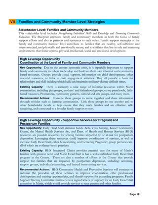 Page 18
VII Families and Community Member Level Strategies
Stakeholder Level: Families and Community Members
This stakeholder level includes Strengthening Individual Skills and Knowledge and Promoting Community
Education. The Blueprint envisions family and community members as both the focus of family
support efforts and also as partners and resources to each other. Family support strategies at the
family and community member level contribute to families that are healthy, self-sufficient and
interconnected, and physically and emotionally secure; and to children that live in safe and nurturing
environments that foster optimal physical, intellectual, social and emotional development.
High Leverage Opportunity
Coordination at the Level of Family and Community Members
New Opportunity: Due to the current economic crisis, it is especially important to support
family and community members to develop and build on their own informal and community
based resources. Groups provide social support, information on child development, other
essential resources, or links to civic engagement activities. They all provide a basis for
relationships and skill-building which build and maintain resiliency during difficult times.
Existing Capacity: There is currently a wide range of informal resources within Marin
communities, including playgroups, mothers’ and fatherhood groups, co-op preschools, faith-
based resources, Promatoras, community gardens, cultural and arts groups, and many more.
Recommended Actions: Convene these groups to come together and share information
through vehicles such as learning communities. Link these groups to one another and to
other Stakeholder Levels to help ensure that they reach families and are effective, self-
sustaining, and connected to a broader family support system.
High Leverage Opportunity - Supportive Services for Pregnant and
Postpartum Families
New Opportunity: Early Head Start stimulus funds, Bella Vista funding, Kaiser Community
Grants, the Mental Health Services Act, and Dept. of Health and Human Services (HHS)
resources are possible resources for serving families impacted by or at-risk for postpartum
depression. Leveraging these resources could improve coordination of services, as well as
increase Early Head Start, other homevisiting, and Centering Pregnancy group prenatal care,
all of which are evidence-based practices.
Existing Capacity: HHS Integrated Clinics provides prenatal care for many of Marin’s
families with greatest need, and Marin Head Start is has a well-established Early Head Start
program in the County. There are also a number of efforts in the County that provide
support for families that are impacted by postpartum depression, including: screening,
support groups, individual counseling, and limited homevisiting services.
Recommended Actions: HHS Community Health and Prevention Services will continue to
convene the providers of these services to improve coordination, offer professional
development and training opportunities, and identify options for expanding programs. Family
Support Steering Committee members have signed letters of support for an Early Head Start
expansion in Marin, which would provide services to teen parents and other families.
 