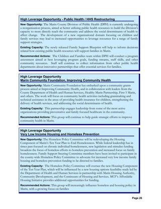 Page 26
High Leverage Opportunity - Public Health / HHS Restructuring
New Opportunity: The Marin County Division of Public Health (DPH) is currently undergoing
a reorganization process, aimed at better utilizing public health resources to build the Division’s
capacity to more directly reach the community and address the social determinants of health to
affect change. The development of a new organizational domain focusing on children and
family services may lead to increased opportunities to leverage resources for a range of family
support strategies.
Existing Capacity: The newly released Family Support Blueprint will help to inform decisions
related how existing public health resources will support families in Marin.
Recommended Actions: The Children and Families team within DPH will conduct a program
assessment aimed at best leveraging program goals, funding streams, staff skills, and other
community resources. Staff will continue to collect information from other public health
departments about innovative partnerships that offer essential services for families.
High Leverage Opportunity
Marin Community Foundation, Improving Community Health
New Opportunity: Marin Community Foundation has embarked upon a community grants
process aimed at Improving Community Health, and in collaboration with leaders from the
County Department of Health and Human Services, Healthy Marin Partnership, First 5 Marin,
and others. The work will focus on community health activities including grantmaking and
technical assistance in the areas of providing health insurance for children, strengthening the
delivery of health services, and addressing the social determinants of health.
Existing Capacity: This partnership engages leadership from some of the most active
organizations providing preventative and family focused healthcare in the community.
Recommended Actions: This group will continue to help guide strategic efforts to improve
community health in Marin.
High Leverage Opportunity
Very Low Income Housing and Homeless Prevention
New Opportunity: The Homeless Policy Committee will be redeveloping the Housing
Component of Marin’s Ten Year Plan to End Homelessness. While federal leadership has in
times past focused on chronic individual homelessness, new legislation and stimulus funding
broadens the focus of homeless efforts to homeless prevention and increased focus on family
homelessness. Family Support Steering Committee members have been invited to participate in
the county-wide Homeless Policy Committee to advocate for increased very low income family
housing and homeless prevention funding to be directed to families.
Existing Capacity: The Homeless Policy Committee will oversee the new Housing Component
of the Ten Year Plan, which will be influenced by a new housing options feasibility study led by
the Department of Health and Human Services in partnership with Marin Housing Authority,
Community Development, and the Continuum of Housing and Services. MCF’s Affordable
Housing Initiative provides additional opportunities for funding.
Recommended Actions: This group will increasingly influence homeless and housing policy in
Marin, with a growing focus on families
 
