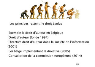 106 
• Les principes restent, le droit évolue 
•Exemple le droit d’auteur en Belgique 
•Droit d’auteur (loi de 1994) 
•Directive droit d’auteur dans la société de l’information 
(2001) 
•Loi belge implémentant la directive (2005) 
•Consultation de la commission européenne (2014) 
 