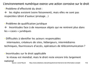L’environnement numérique exerce une action corrosive sur le droit 
• Problème d’effectivité du droit : 
! les règles existent (voire foisonnent), mais elles ne sont pas 
respectées (droit d’auteur/piratage…) 
• Problème de qualification juridique 
! Incertitudes face à de nouveaux objets qui ne rentrent plus dans 
les « cases » juridiques 
• Difficultés à identifier les acteurs responsables 
!internautes, créateurs de sites, hébergeurs, intermédiaires 
techniques, fournisseurs d’accès, opérateurs de télécommunication ? 
• Incertitudes sur le droit applicable 
!le réseau est mondial, mais le droit reste encore très largement 
national 
Source: Lionel Maurel http://www.slideshare.net/calimaq/droit-de-linternet-et-de-linformation-complet 110 
 