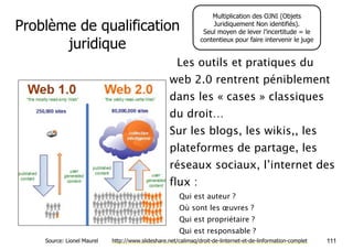 Problème de qualification 
juridique 
Multiplication des OJNI (Objets 
Juridiquement Non identifiés). 
Seul moyen de lever l’incertitude = le 
contentieux pour faire intervenir le juge 
• Les outils et pratiques du 
web 2.0 rentrent péniblement 
dans les « cases » classiques 
du droit… 
Sur les blogs, les wikis,, les 
plateformes de partage, les 
réseaux sociaux, l’internet des 
flux : 
! Qui est auteur ? 
! Où sont les oeuvres ? 
! Qui est propriétaire ? 
! Qui est responsable ? 
Source: Lionel Maurel http://www.slideshare.net/calimaq/droit-de-linternet-et-de-linformation-complet 111 
 