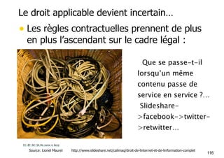 Le droit applicable devient incertain… 
• Les règles contractuelles prennent de plus 
en plus l’ascendant sur le cadre légal : 
• Que se passe-t-il 
lorsqu’un même 
contenu passe de 
service en service ?… 
•Slideshare- 
>facebook->twitter- 
>retwitter… 
CC-BY-NC-SA My name is benji 
116 Source: Lionel Maurel http://www.slideshare.net/calimaq/droit-de-linternet-et-de-linformation-complet 
 