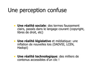 Une perception confuse 
• Une réalité sociale: des termes faussement 
clairs, passés dans le langage courant (copyright, 
libres de droit, etc) 
• Une réalité législative et médiatique: une 
inflation de nouvelles lois (DADVSI, LCEN, 
Hadopi) 
• Une réalité technologique: des milliers de 
contenus accessibles d’un clic ! 
 