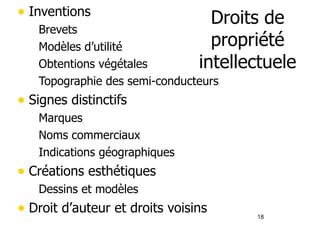 • Inventions 
– Brevets 
– Modèles d’utilité 
– Obtentions végétales 
– Topographie des semi-conducteurs 
• Signes distinctifs 
– Marques 
– Noms commerciaux 
– Indications géographiques 
• Créations esthétiques 
– Dessins et modèles 
• Droit d’auteur et droits voisins 
Droits de 
propriété 
intellectuele 
18 
 
