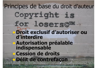 Principes de base du droit d’auteur 
•Droit exclusif d’autoriser ou 
d’interdire 
•Autorisation préalable 
indispensable 
•Cession de droits 
•Délit de contrefaçon 
Crédit image: http://www.tetedequenelle.fr/2010/03/droit-dauteur-mal-tourne/ 
23 
 
