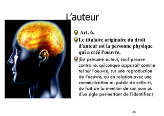 25 
L’auteur 
Art. 6. 
Le titulaire originaire du droit 
d'auteur est la personne physique 
qui a créé l'oeuvre. 
(Est présumé auteur, sauf preuve 
contraire, quiconque apparaît comme 
tel sur l'oeuvre, sur une reproduction 
de l'oeuvre, ou en relation avec une 
communication au public de celle-ci, 
du fait de la mention de son nom ou 
d'un sigle permettant de l'identifier.) 
 