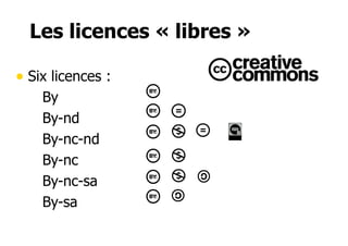 Les licences « libres » 
• Six licences : 
– By 
– By-nd 
– By-nc-nd 
– By-nc 
– By-nc-sa 
– By-sa 
 