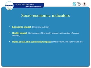 GLOBAL INTERNATIONAL
WATERS ASSESSMENT
Socio-economic indicators
• Economic impact (Direct and indirect)
• Health impact (Seriousness of the health problem and number of people
affected)
• Other social and community impact (Estetic values, life style values etc)
 